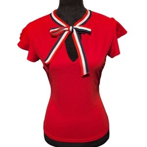 Red & Black Ruffle Cap Sleeve Top with Bow Front Detail